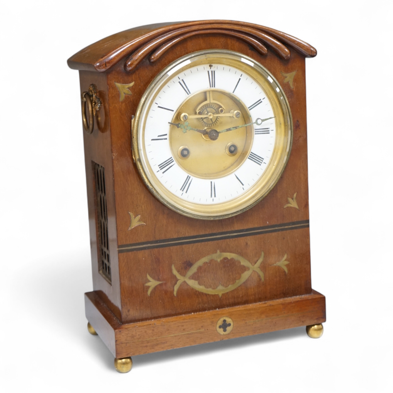 A 19th century brass inlaid mahogany mantel clock, 35cm high